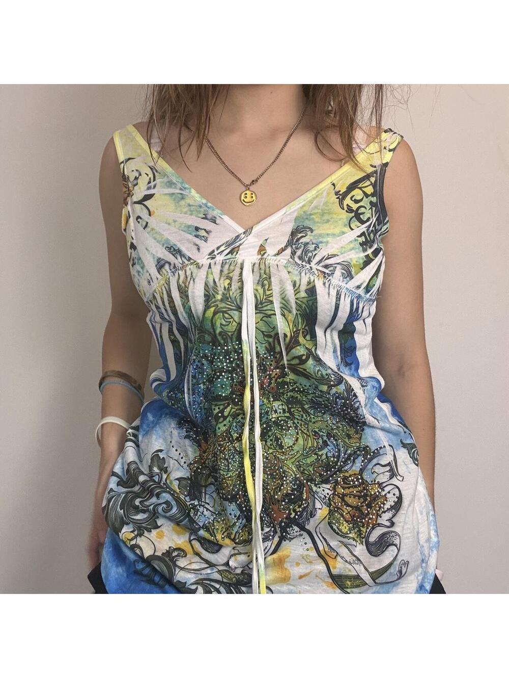 Ocean Breeze Womens Small Mini Y2K fairycore dress bedazzled unique abstract